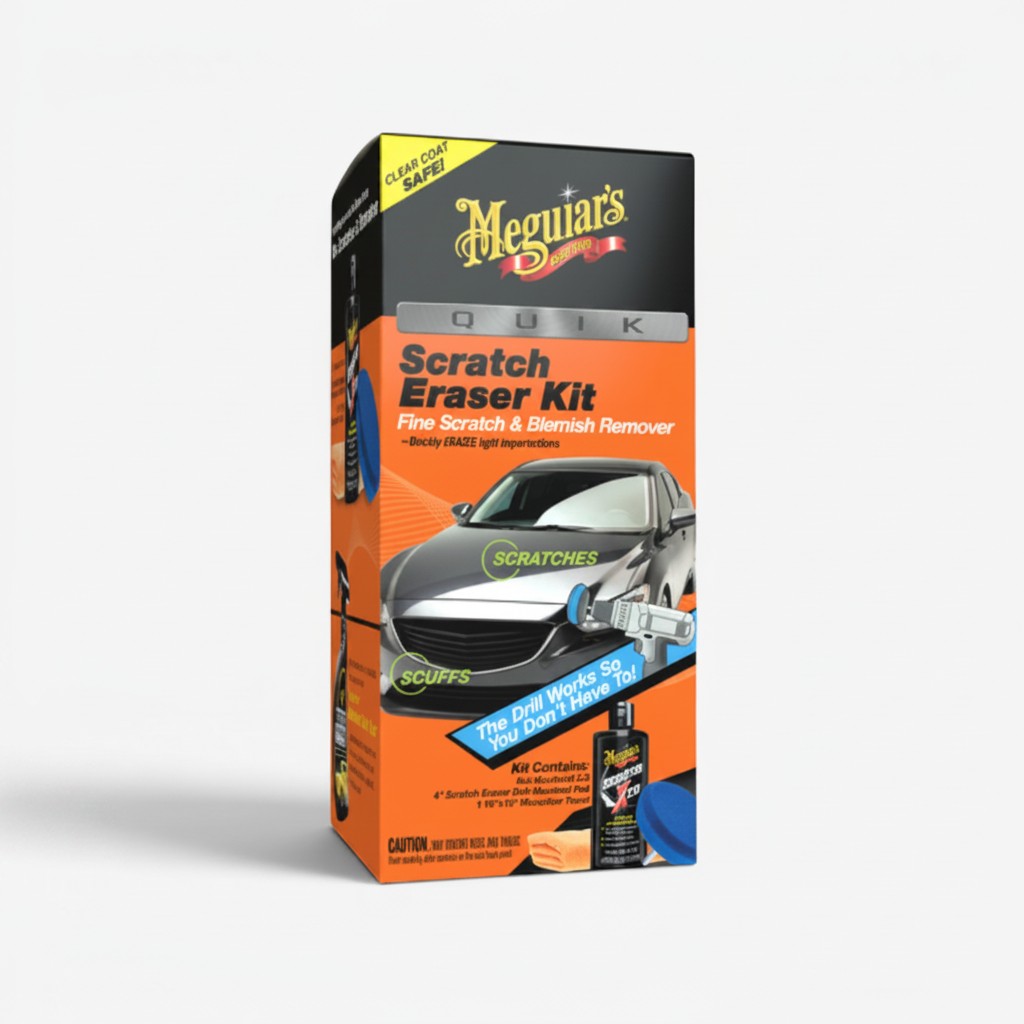 Meguiars Quick Scratch Eraser Kit zur Entfernung leichter Kratzer und Schlieren im Klarlack, inkl. Pad, Politur & Tuch.